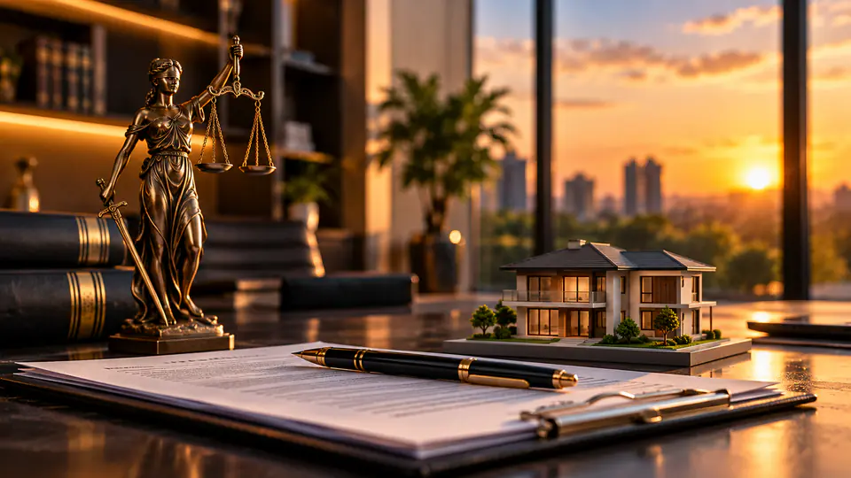 Documento sobre a mesa, com maquete de casa e estátua da Justiça
